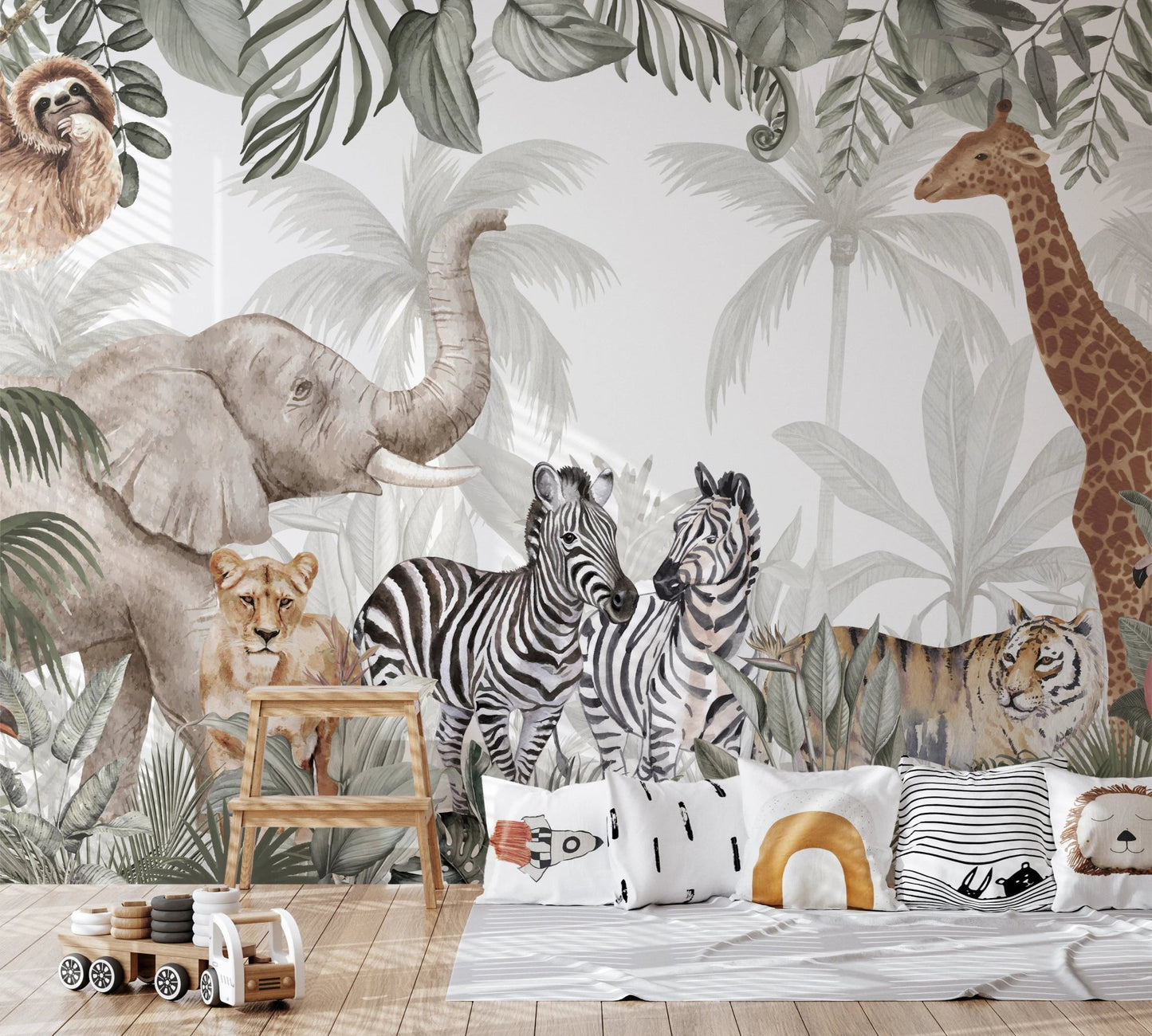 Soft botanical palms with safari animals wall murals.