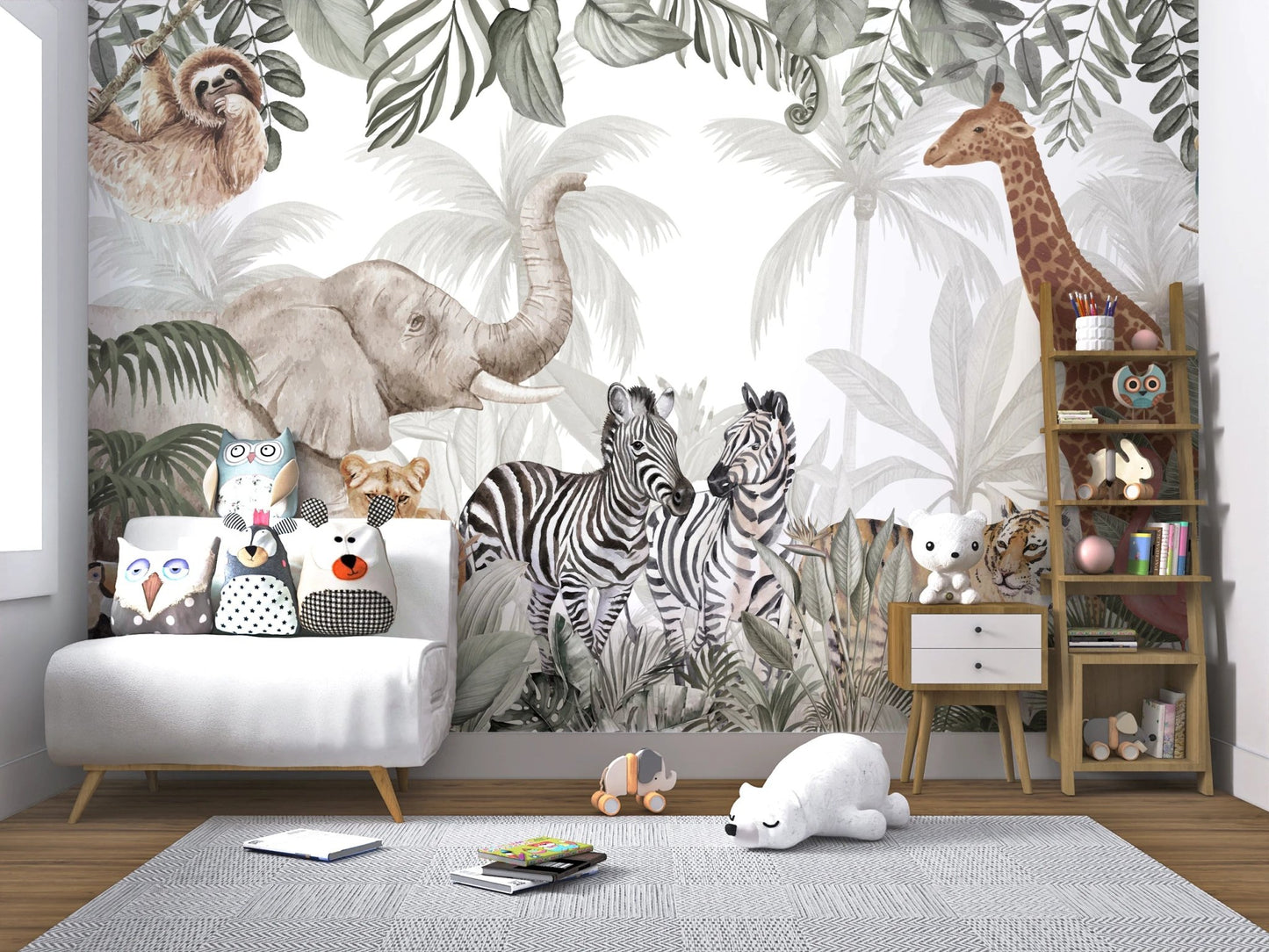 Serene watercolor rainforest illustration wallpaper murals.