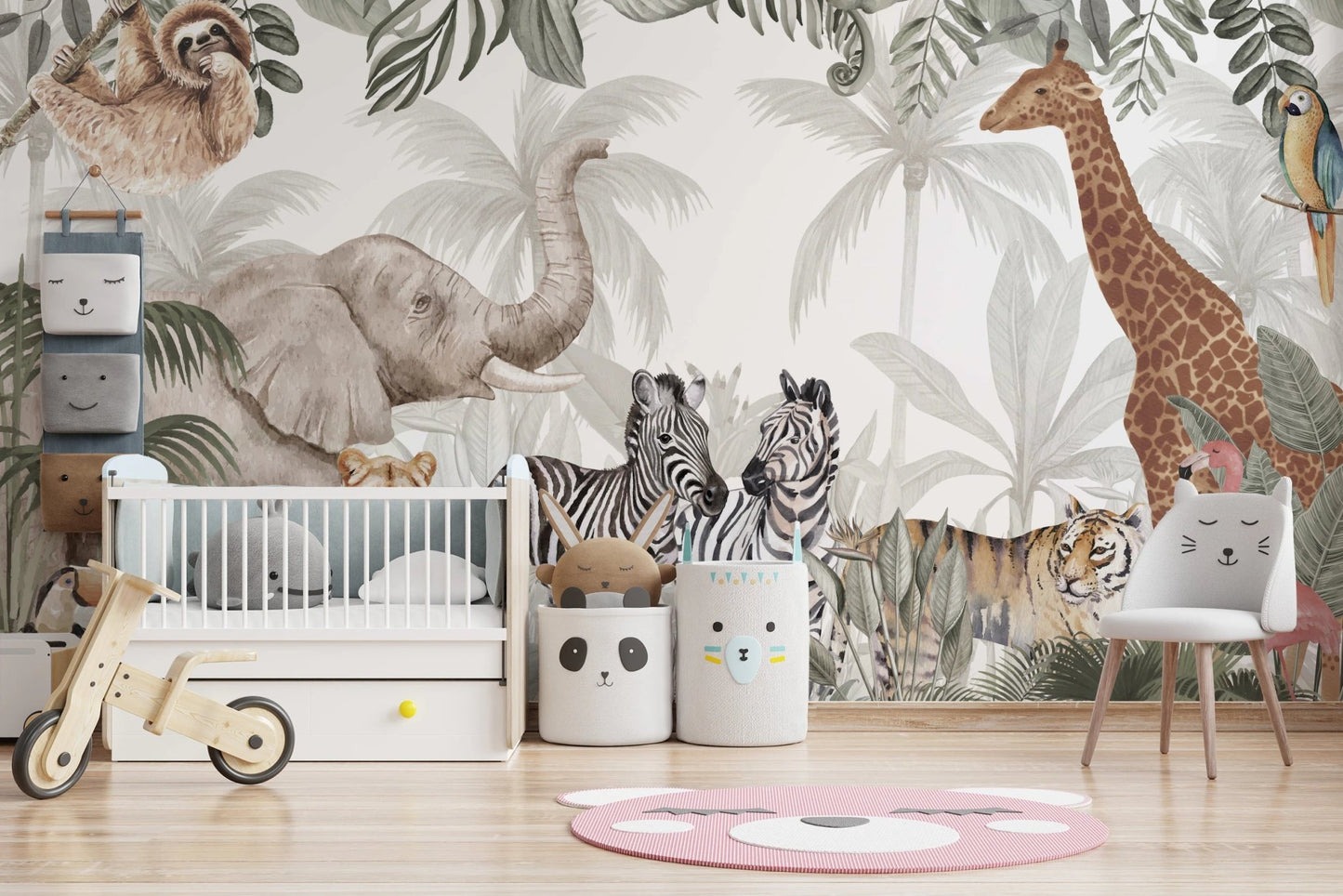 Neutral-toned tropical flora and fauna wall murals.