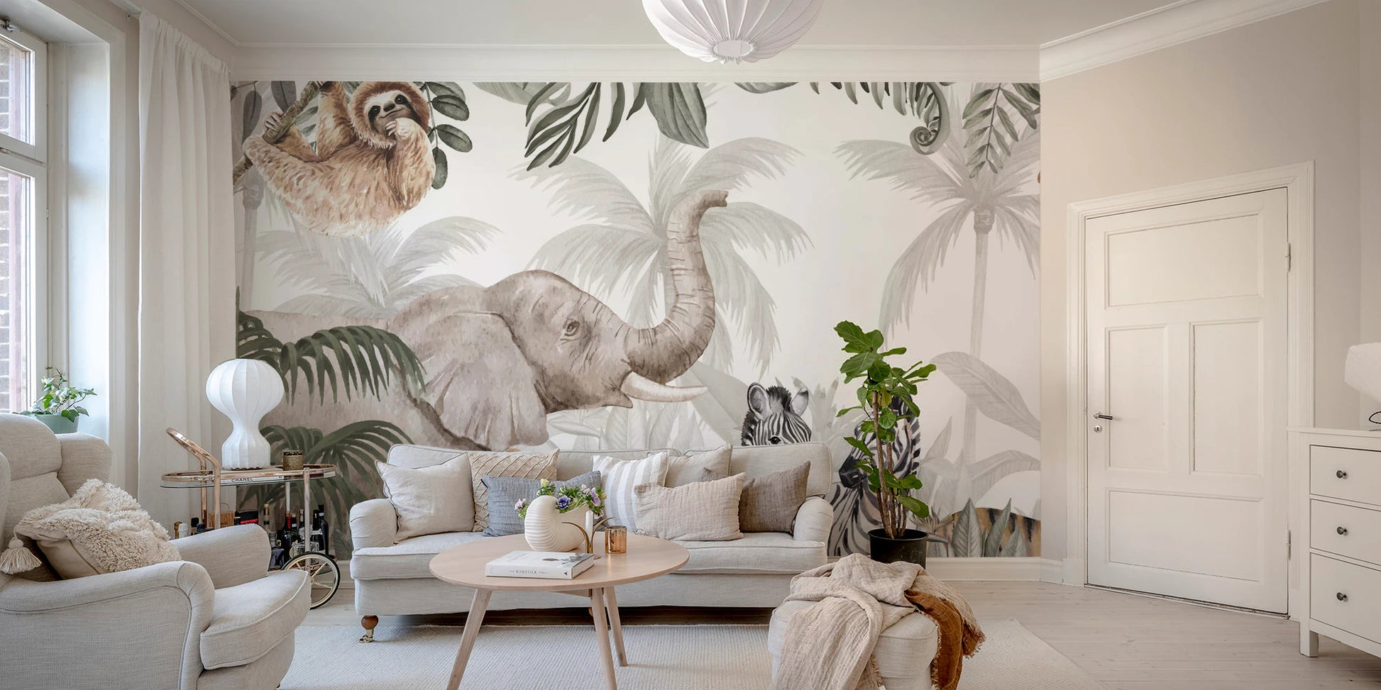 Lush tropical greenery and safari wildlife wallpaper murals.