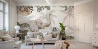Lush tropical greenery and safari wildlife wallpaper murals.