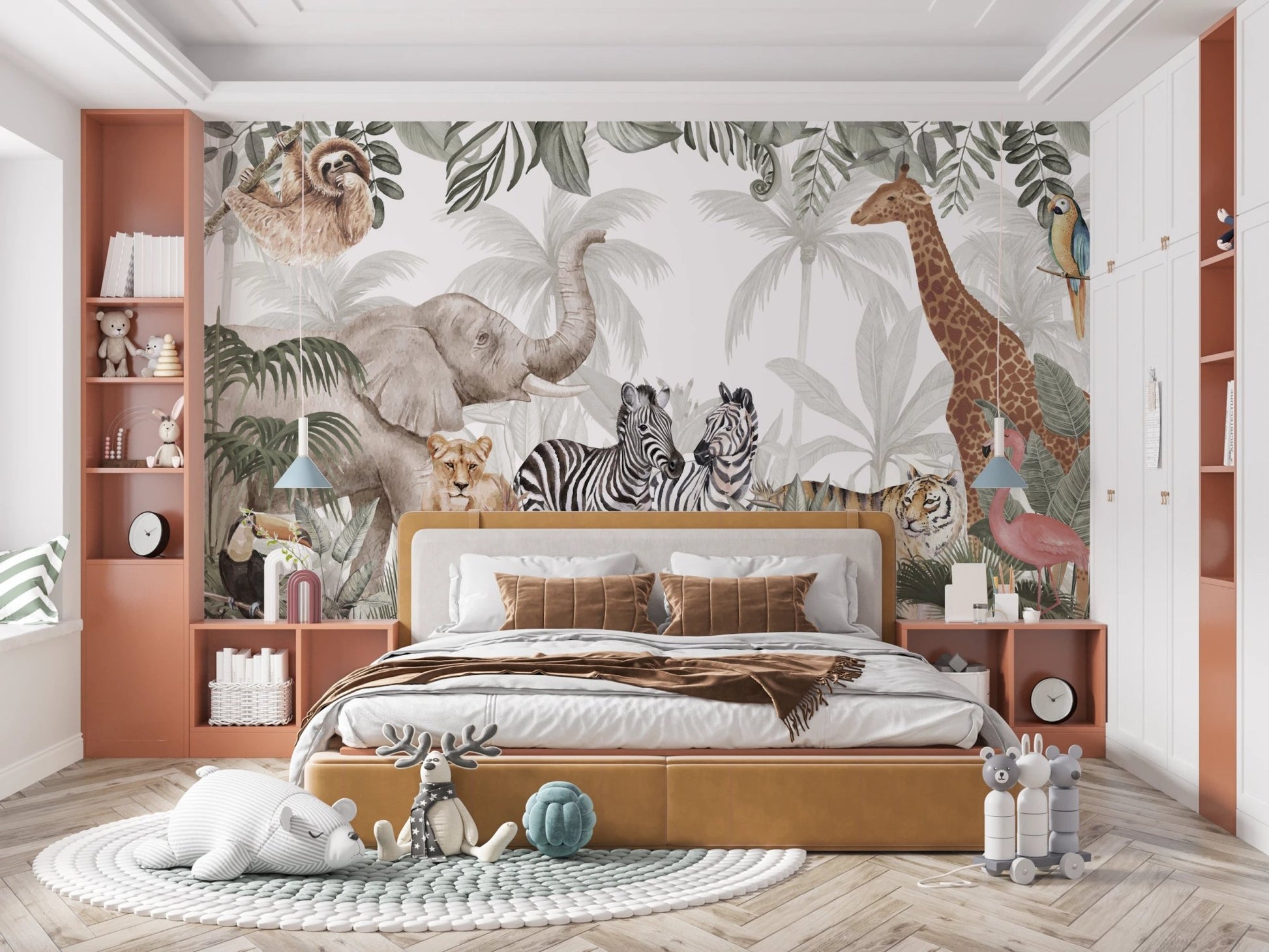 Elegant hand-drawn jungle safari motif wall murals.