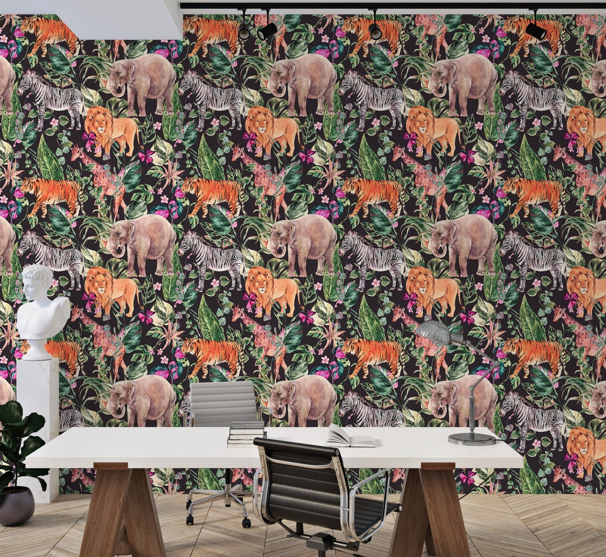 Elegant floral wallpaper with watercolor safari animals in office backdrop.
