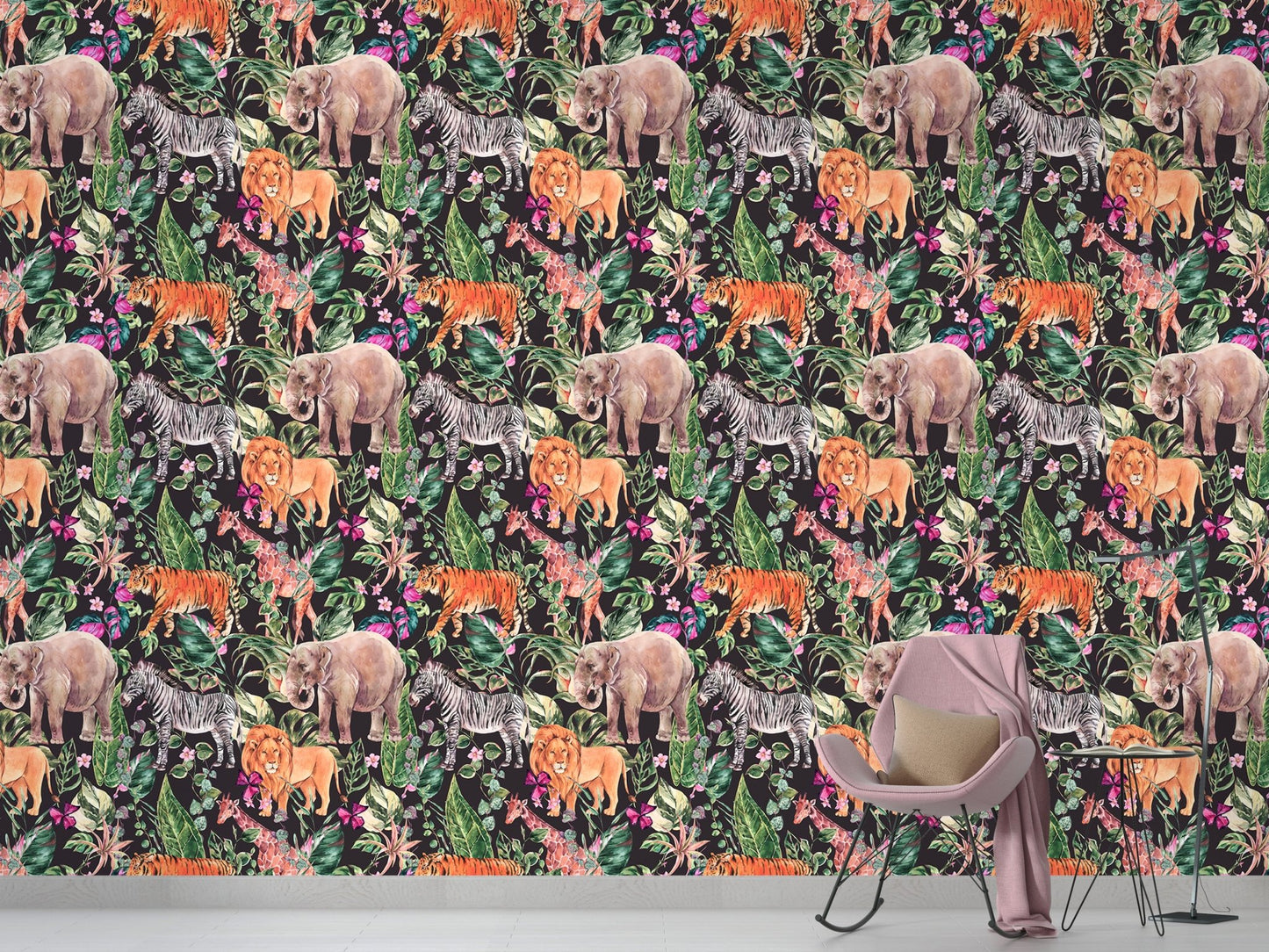 Watercolor jungle animal and floral wallpaper design for kids room.