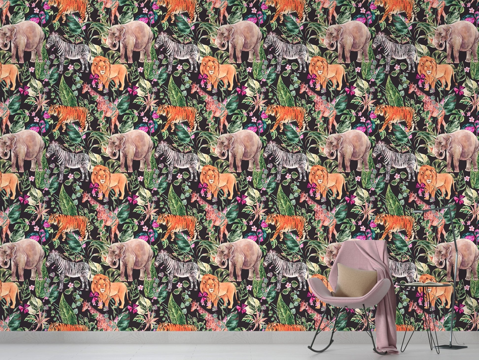 Watercolor jungle animal and floral wallpaper design for kids room.