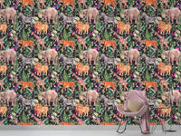 Watercolor jungle animal and floral wallpaper design for kids room.