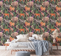 Watercolor wallpaper showcasing safari animals and tropical florals in sunlit bedroom.