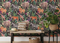 Safari animal wallpaper with watercolor jungle motifs in kids space.