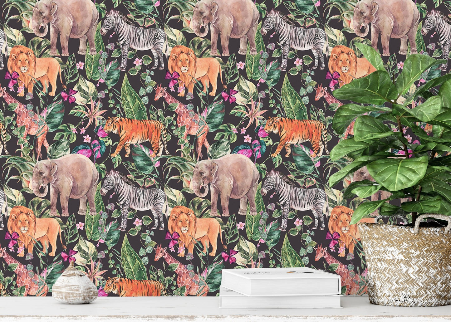 Vibrant safari-themed wallpaper with jungle and floral elements in study space.