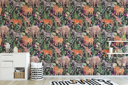 Watercolor wallpaper featuring jungle safari animals and floral in playroom.