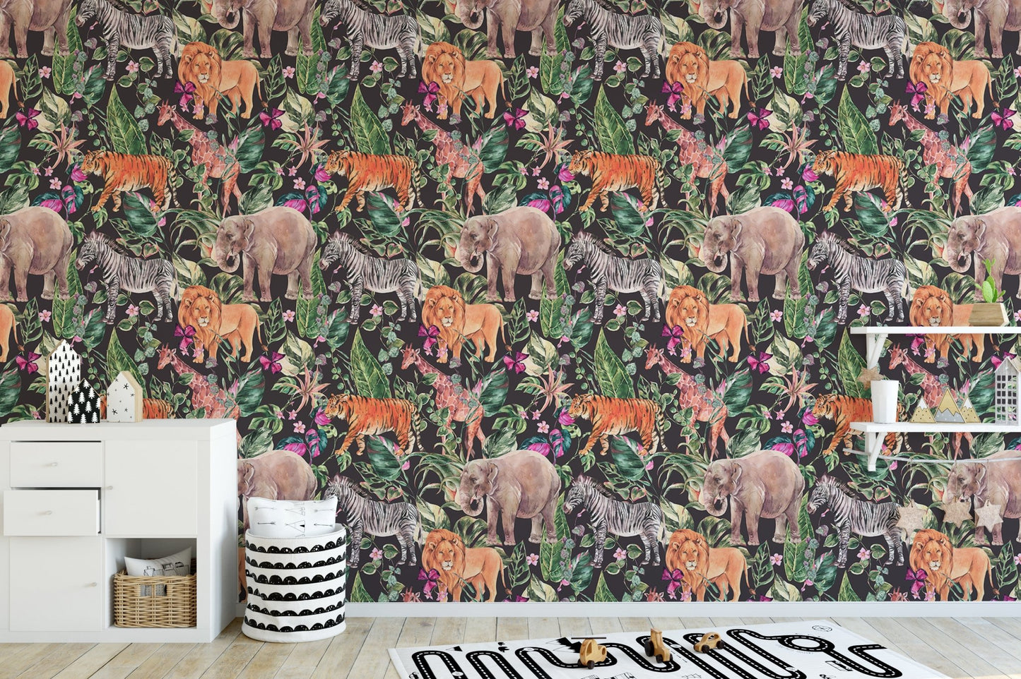 Watercolor wallpaper featuring jungle safari animals and floral in playroom.