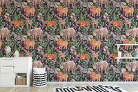 Watercolor wallpaper featuring jungle safari animals and floral in playroom.