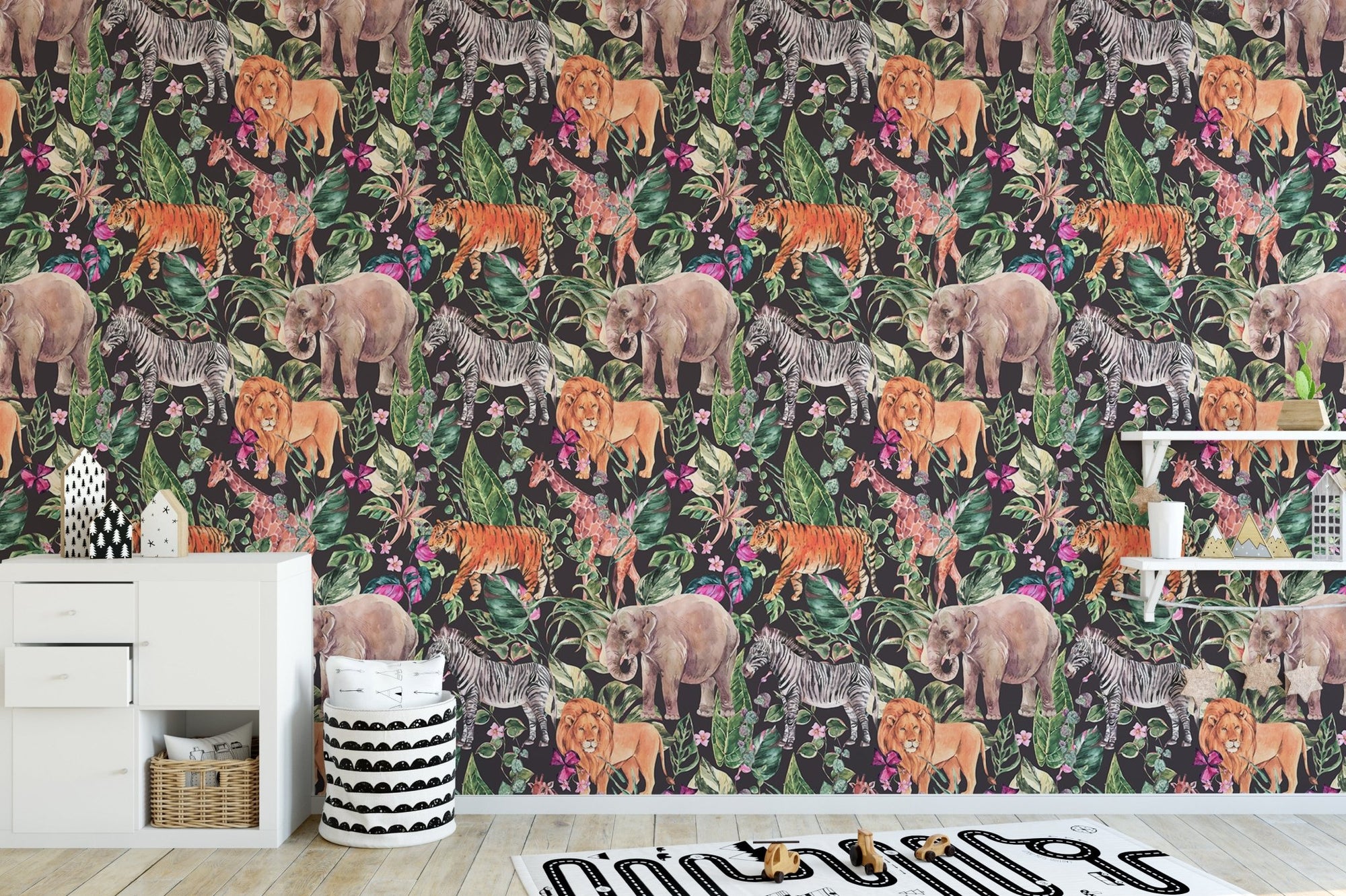 Watercolor wallpaper featuring jungle safari animals and floral in playroom.