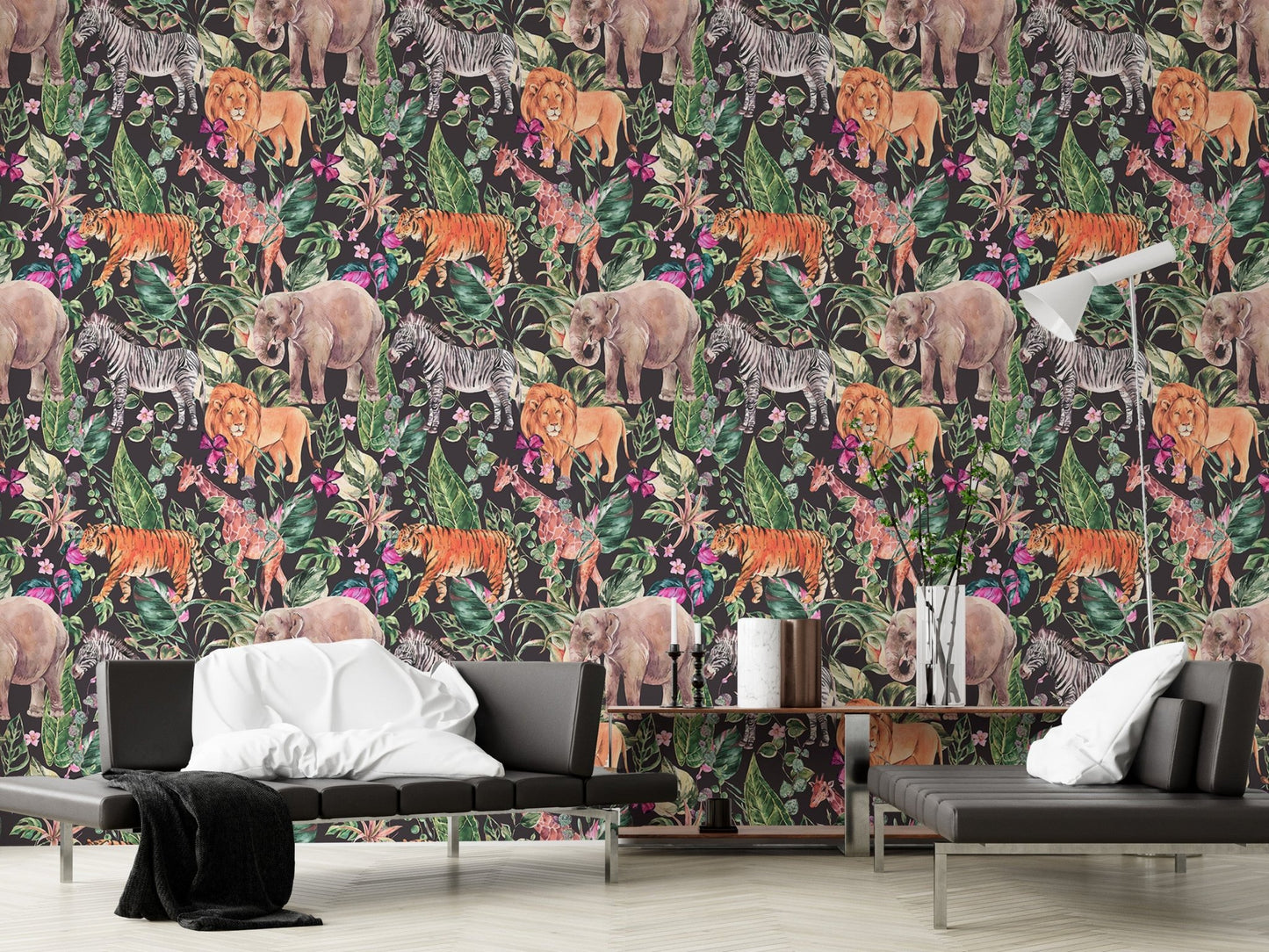 Jungle-themed wallpaper with safari animals and floral accents in living room.