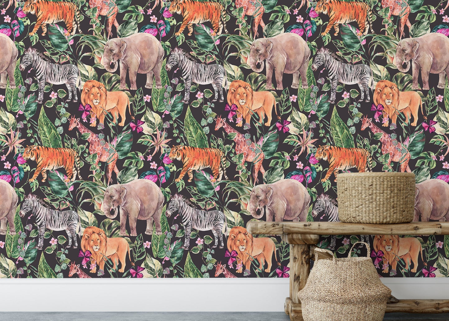 Detailed safari animals floral wallpaper with a wooden side table and rug.