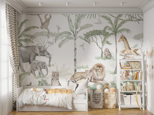 Watercolor jungle safari wallpaper with a lion family and palms.