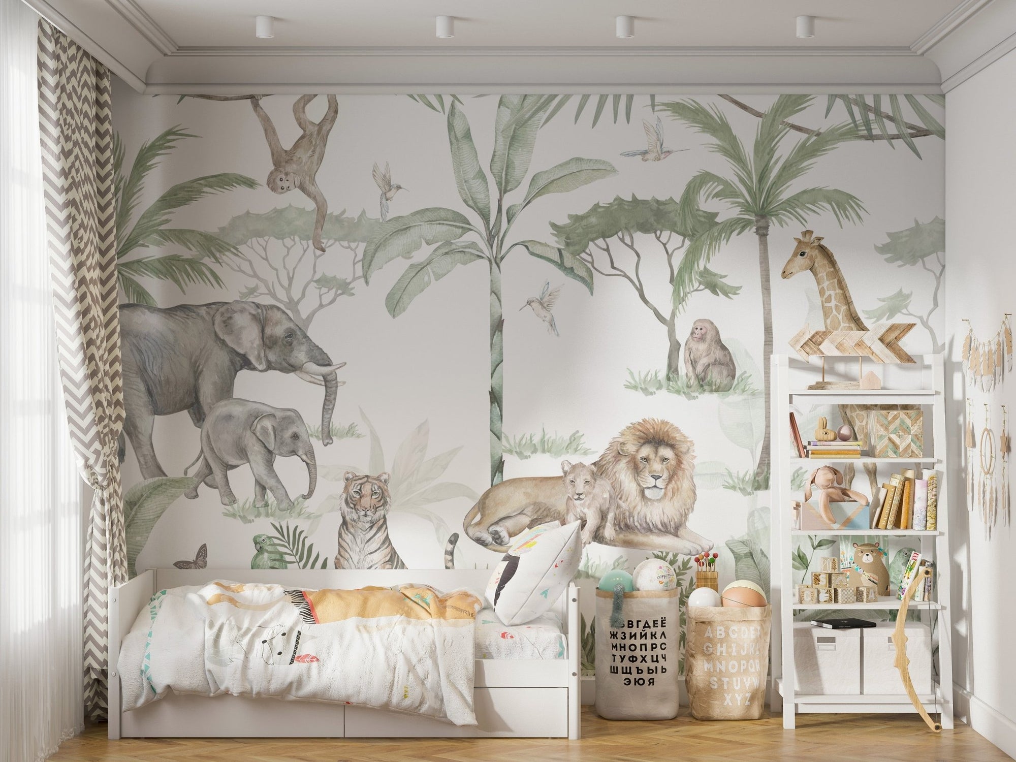 Watercolor jungle safari wallpaper with a lion family and palms.