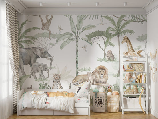 Watercolor jungle safari wallpaper with a lion family and palms.