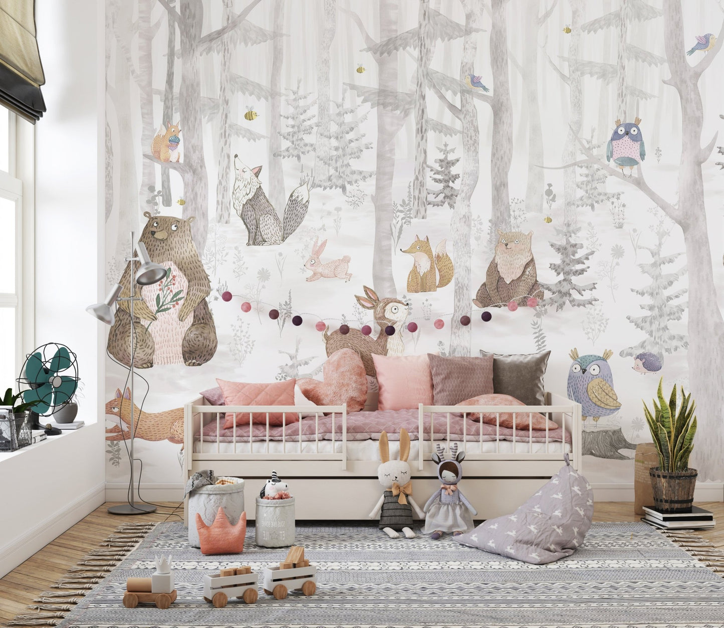 Watercolor animal wall mural in a toddler bedroom with grey forest trees.
