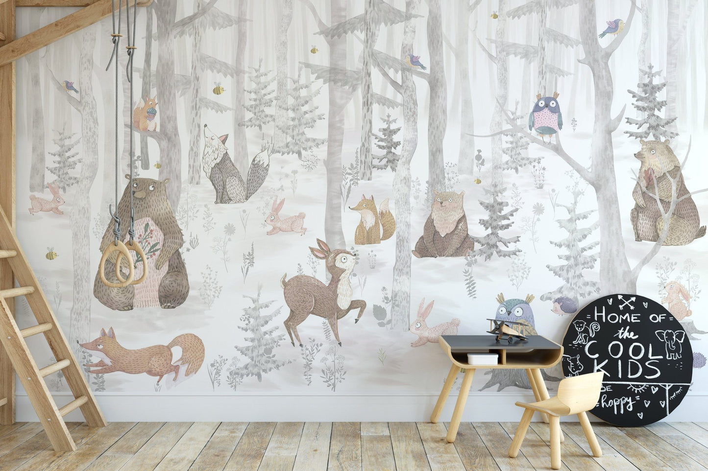 Children's watercolor animals wall mural in kids creative space.