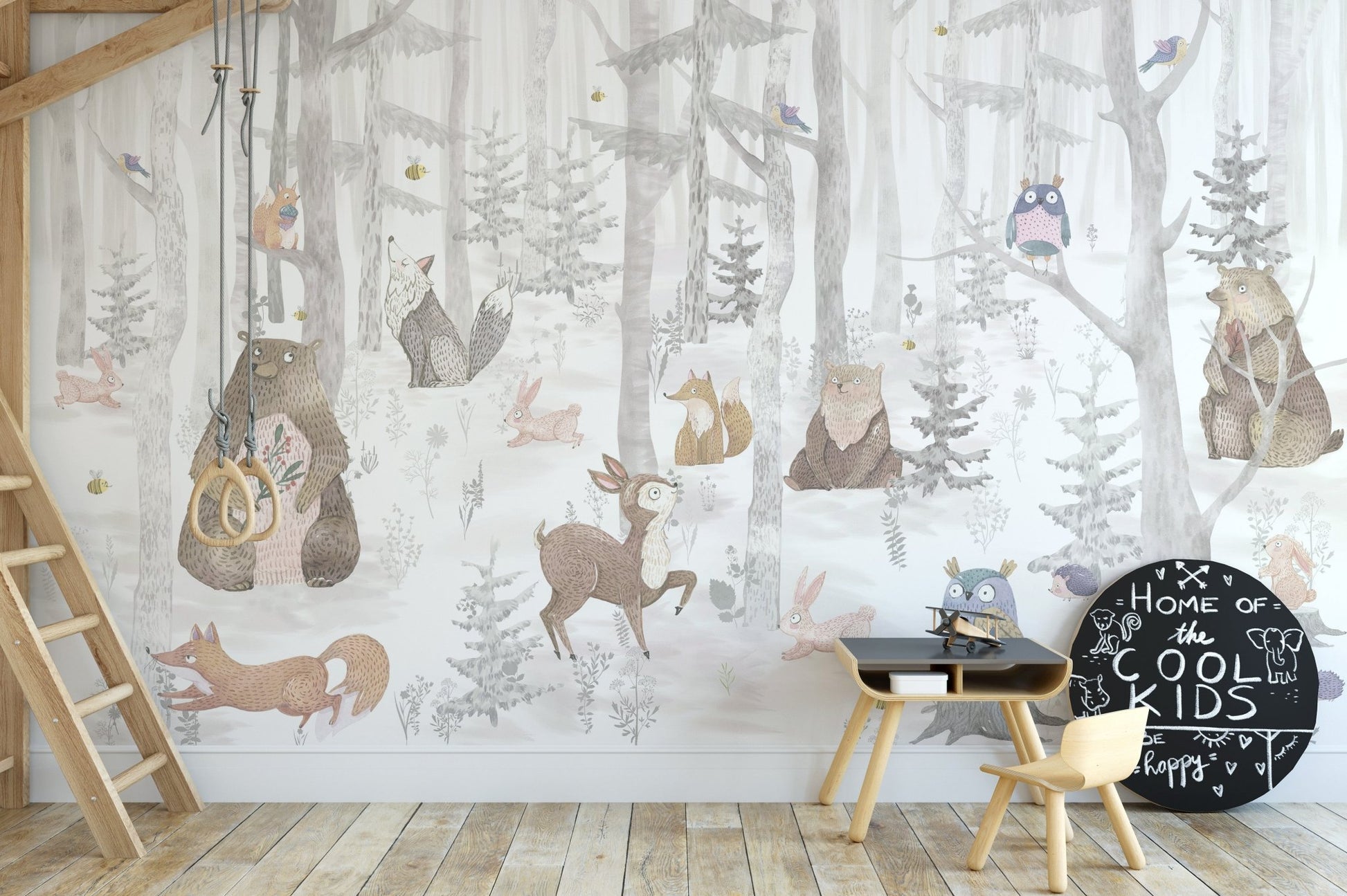 Children's watercolor animals wall mural in kids creative space.