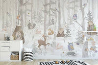 Bright watercolor animal wall mural in kids play room.