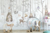 Nursery wall mural featuring a brown bear and owl in a misty watercolor.