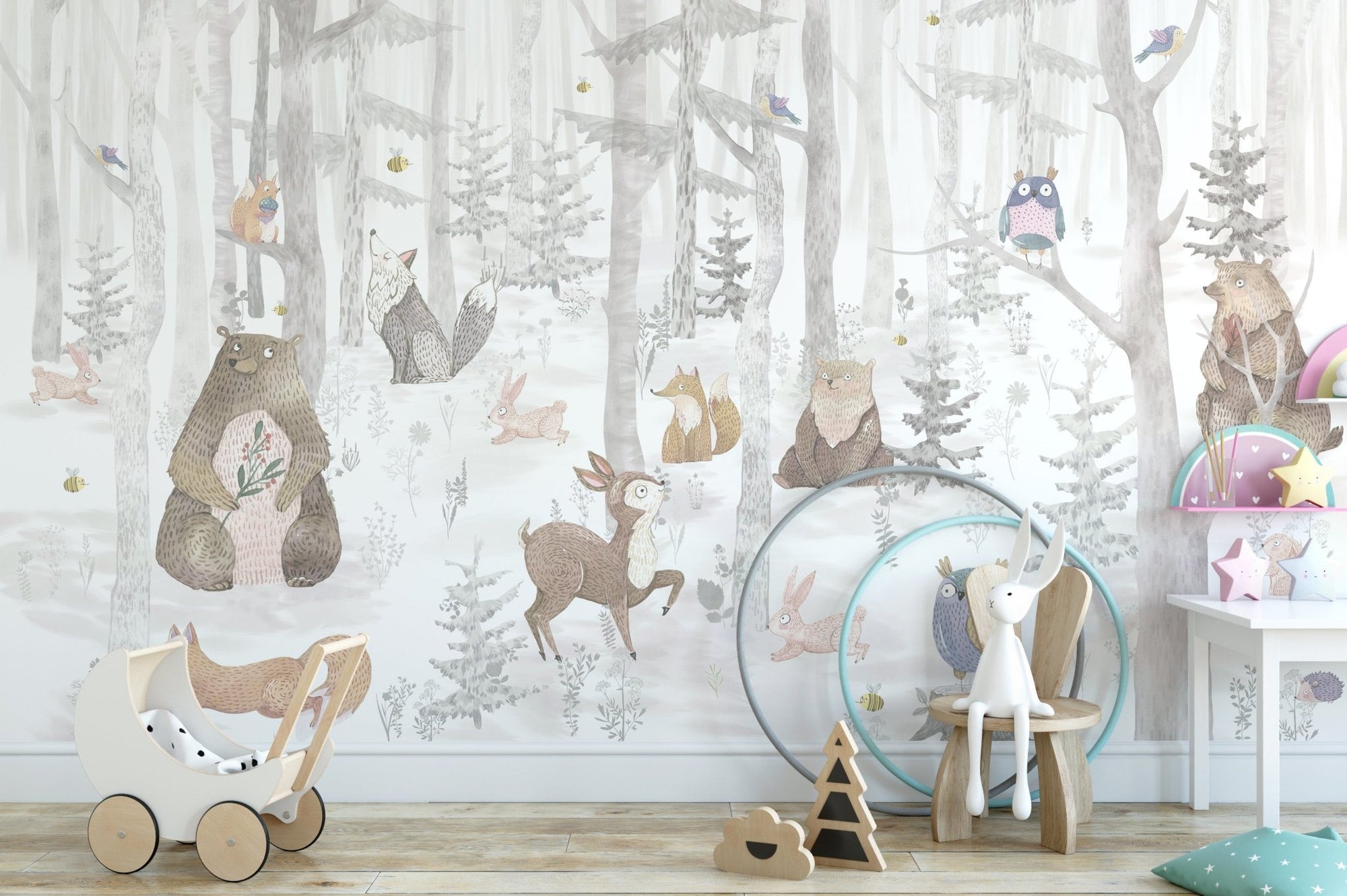 Nursery wall mural featuring a brown bear and owl in a misty watercolor.