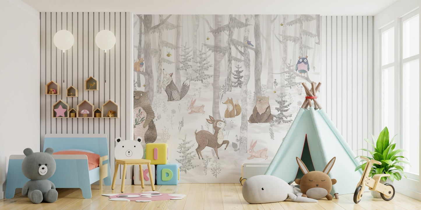 Bedroom wall decor featuring a watercolor rabbit and squirrel wall mural.
