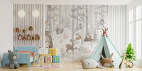 Bedroom wall decor featuring a watercolor rabbit and squirrel wall mural.