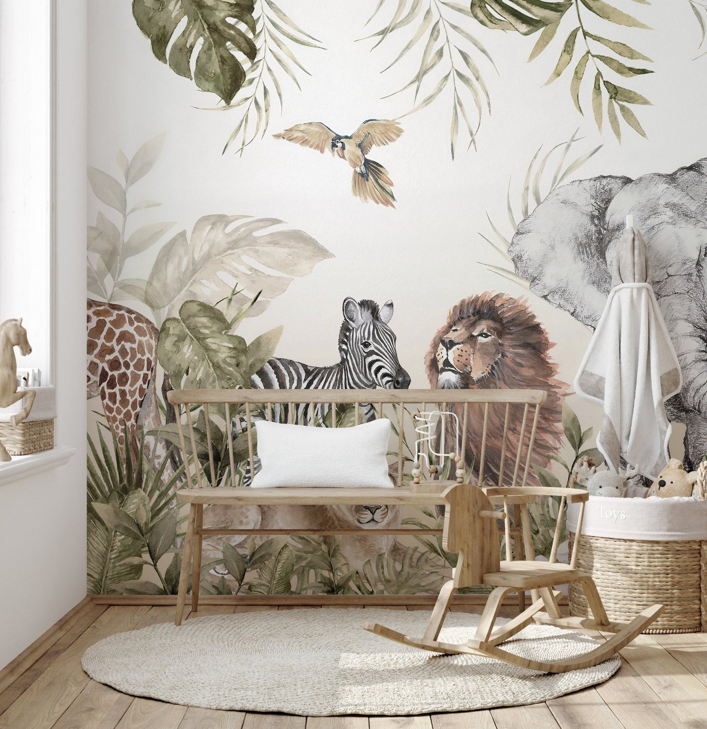 Detailed watercolor jungle animal wall mural with a rocking horse nearby in nursery.