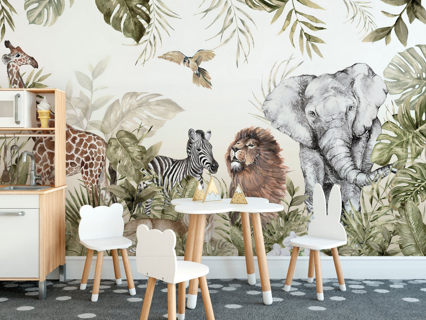 Large jungle animal wall mural illustration in a bright dining space.