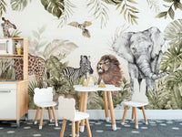 Large jungle animal wall mural illustration in a bright dining space.