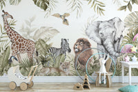 Watercolor Kids Room Jungle Animals Wall mural with giraffe and elephant in a playroom.