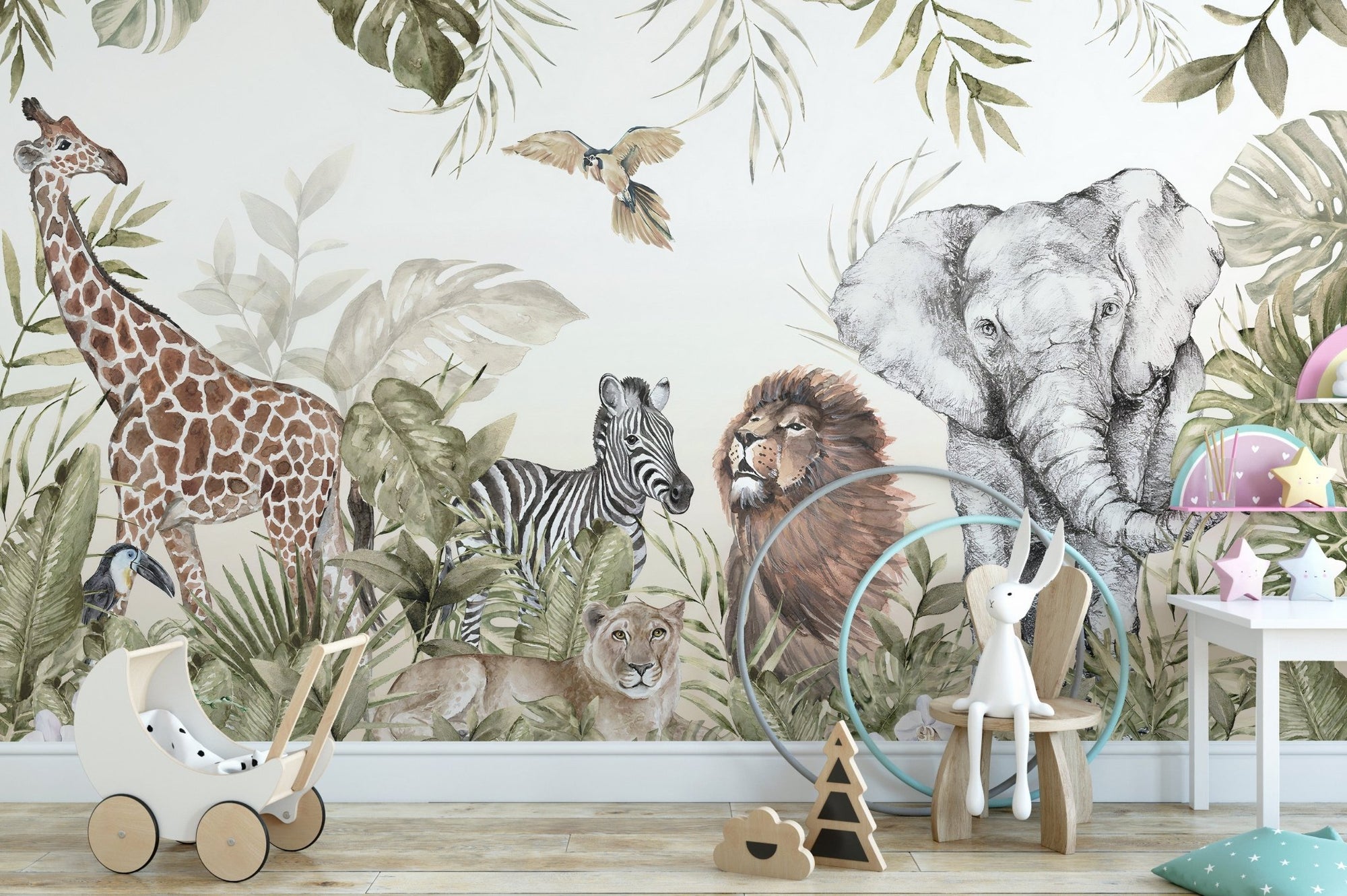 Watercolor Kids Room Jungle Animals Wall mural with giraffe and elephant in a playroom.