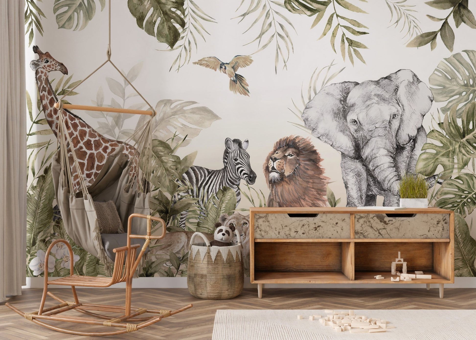 Jungle animals wall mural with earthy brown and grey tones for a nursery.