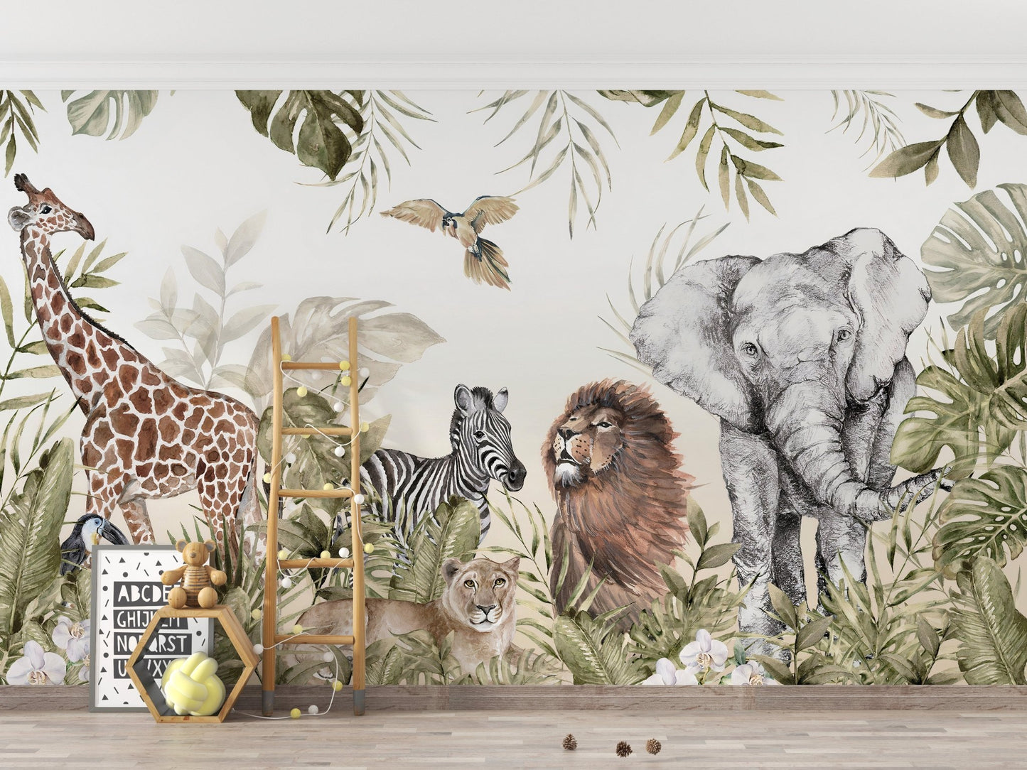 Jungle animals wall mural for playful kids room
