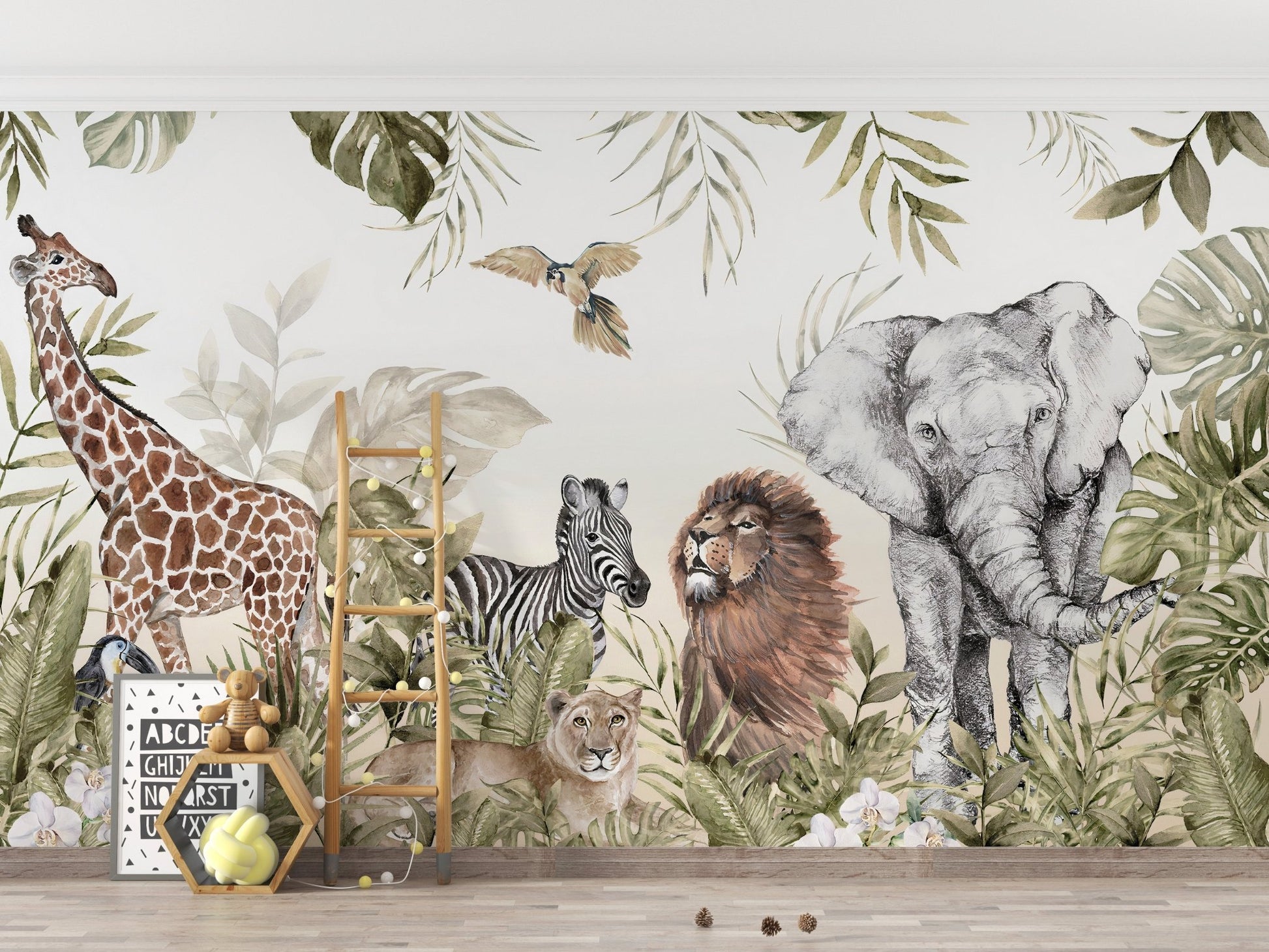 Jungle animals wall mural for playful kids room
