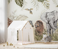 Watercolor Kids Room Jungle Animals Wall mural in a play area with a small white tent.