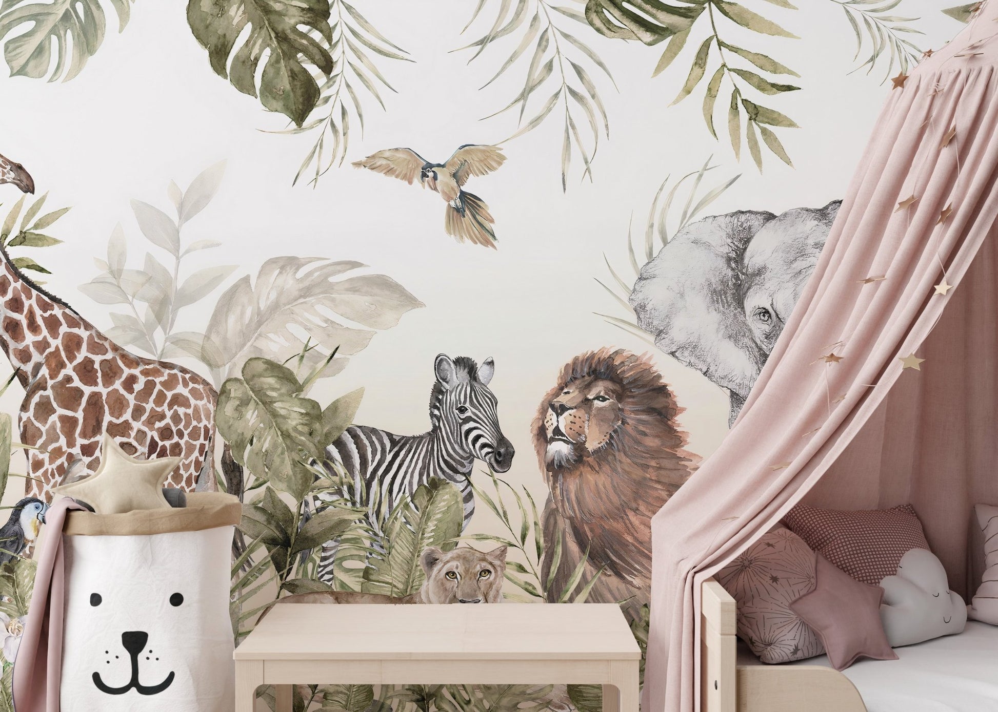 Kids room wall mural with jungle animal design.
