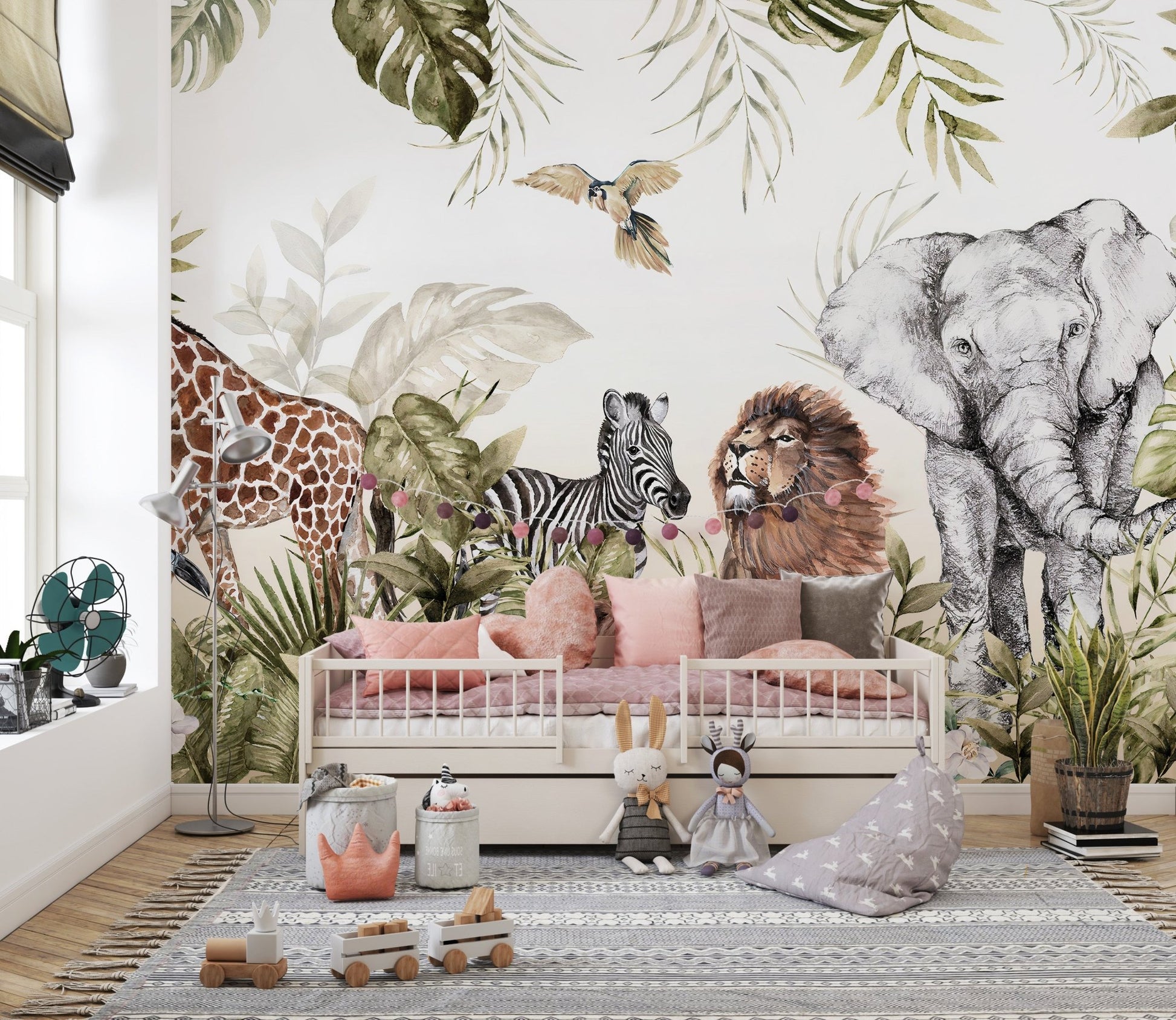Safari animal wall mural featuring a lion and zebra for a nursery setting.