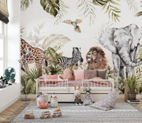Safari animal wall mural featuring a lion and zebra for a nursery setting.