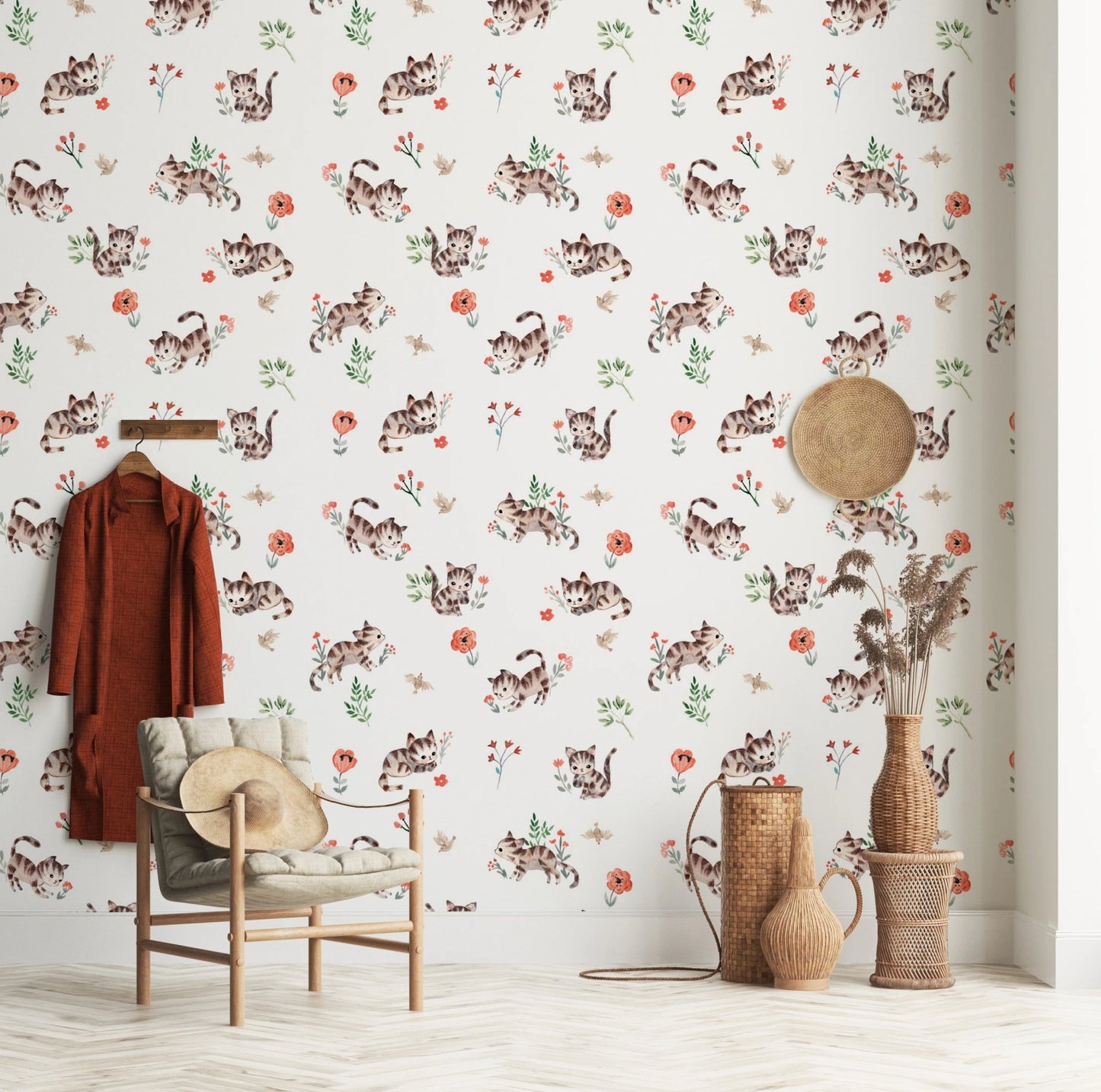 Cute kitten floral wallpaper designed for nursery walls