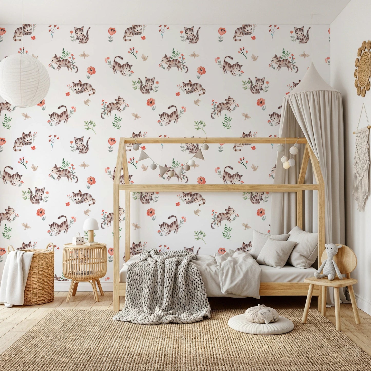 Soft watercolor cat pattern wallpaper for kids room