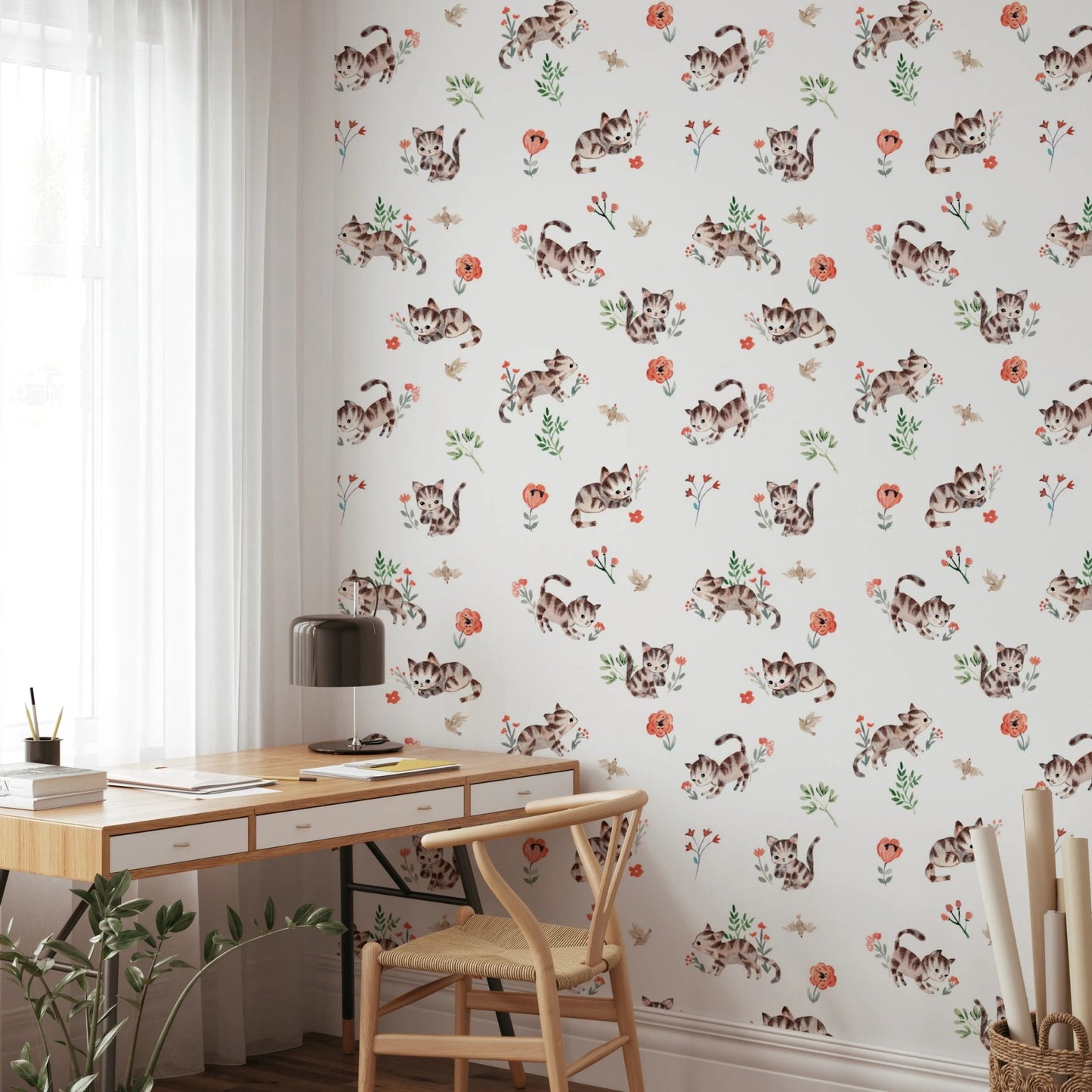 Kids room wallpaper with watercolor kittens and blooms