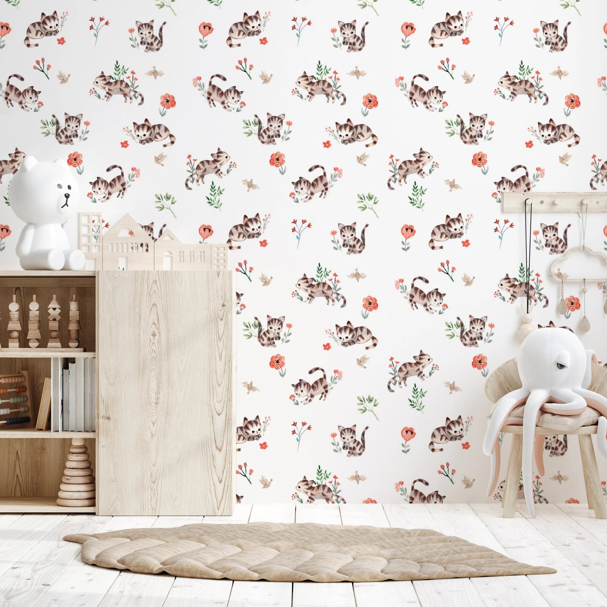 Whimsical kitten watercolor wallpaper for kids room