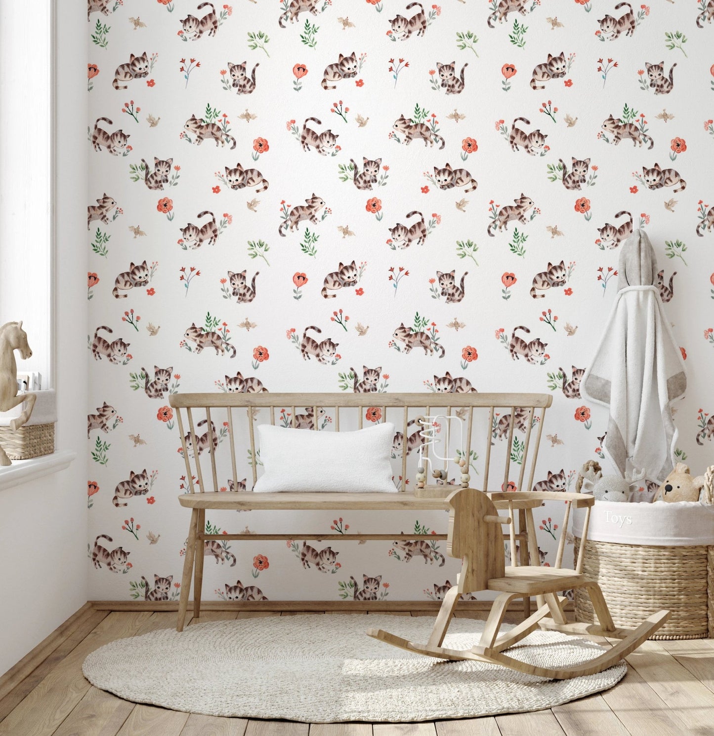 Gentle kitten floral wallpaper for nursery interiors
