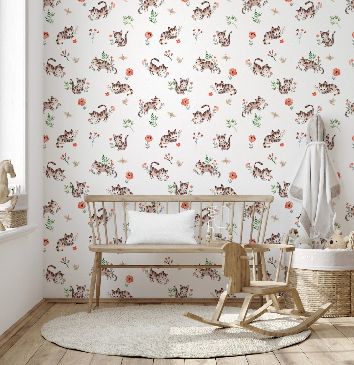 Gentle kitten floral wallpaper for nursery interiors