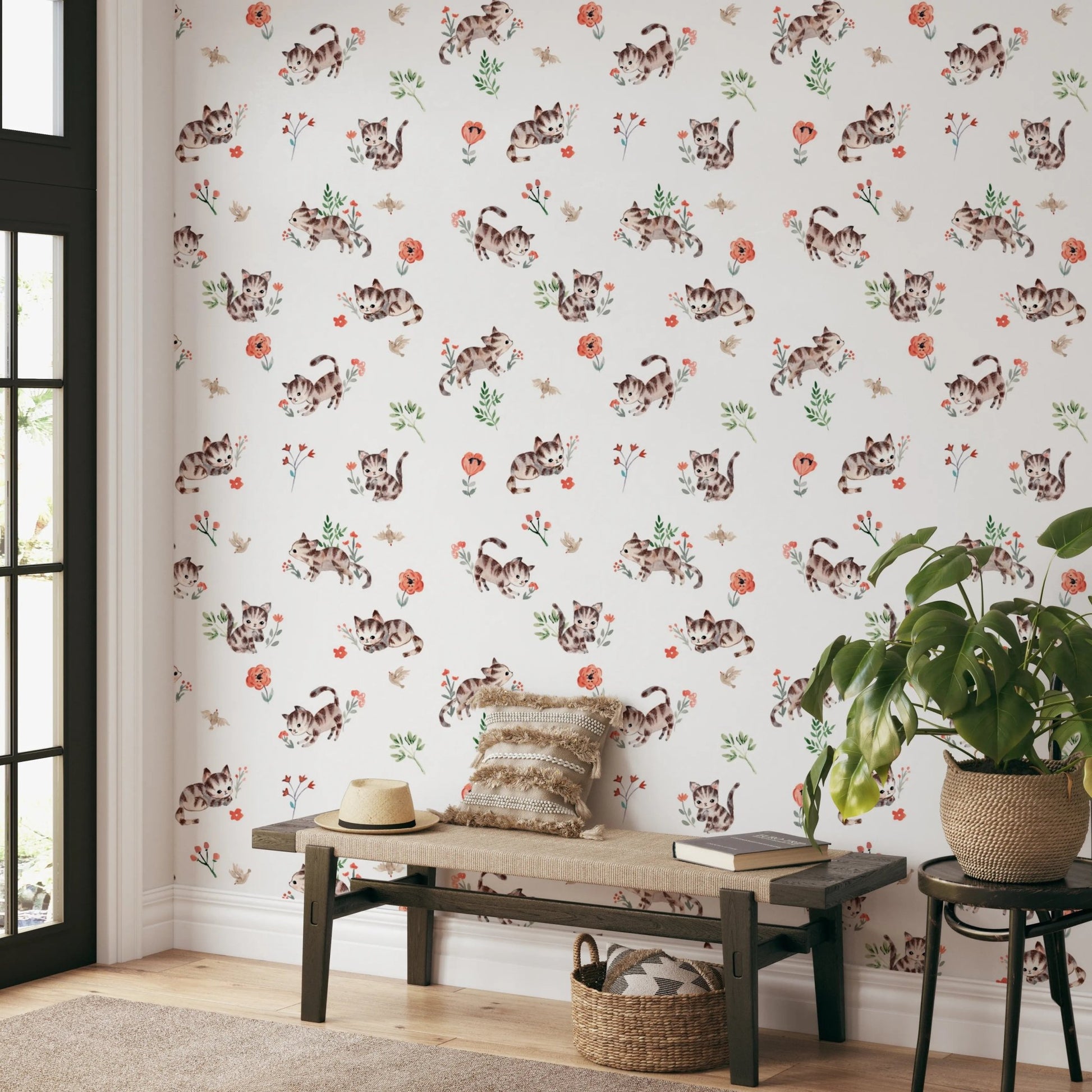 Hand painted kitten pattern wallpaper for kids room