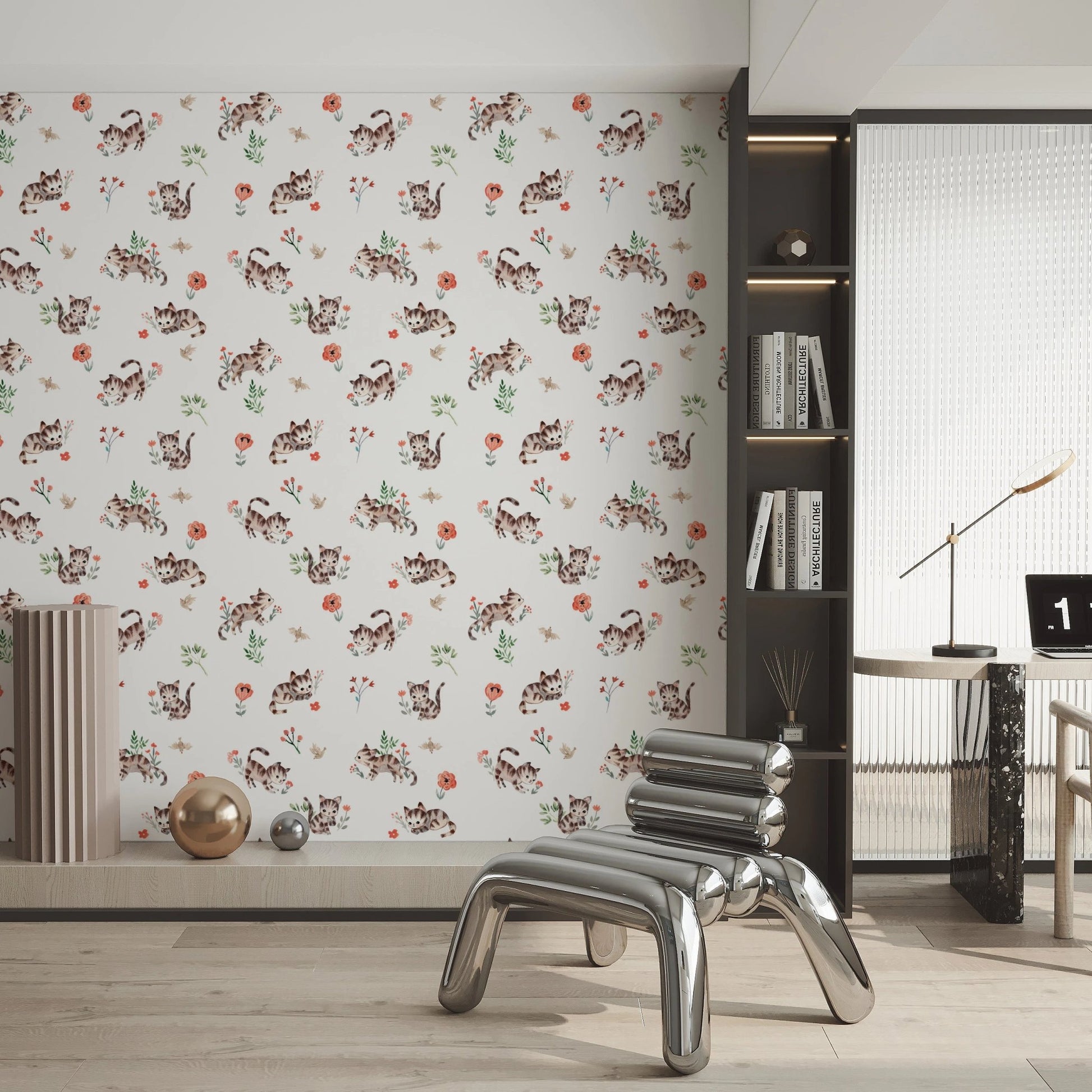 Nursery wallpaper with cute kittens and flowers